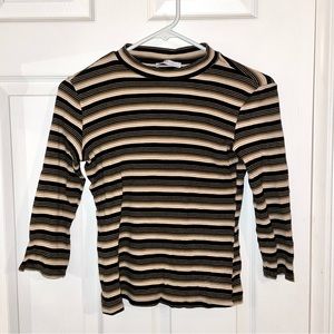 zara black, mustard yellow, olive striped long sleeve mockneck top size small